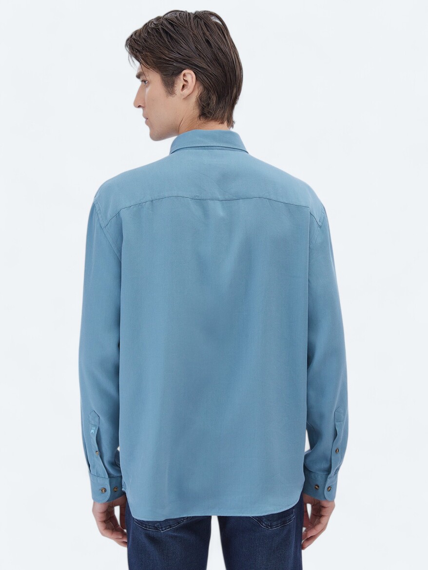 Koyu Mint Fitilli Oversize Fit Uzun Dokuma Casual Gömlek - 6