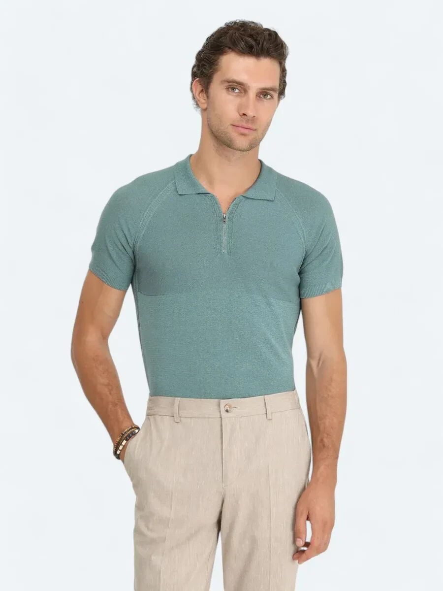 Koyu Mint Polo Yaka Jakarlı Triko - 1