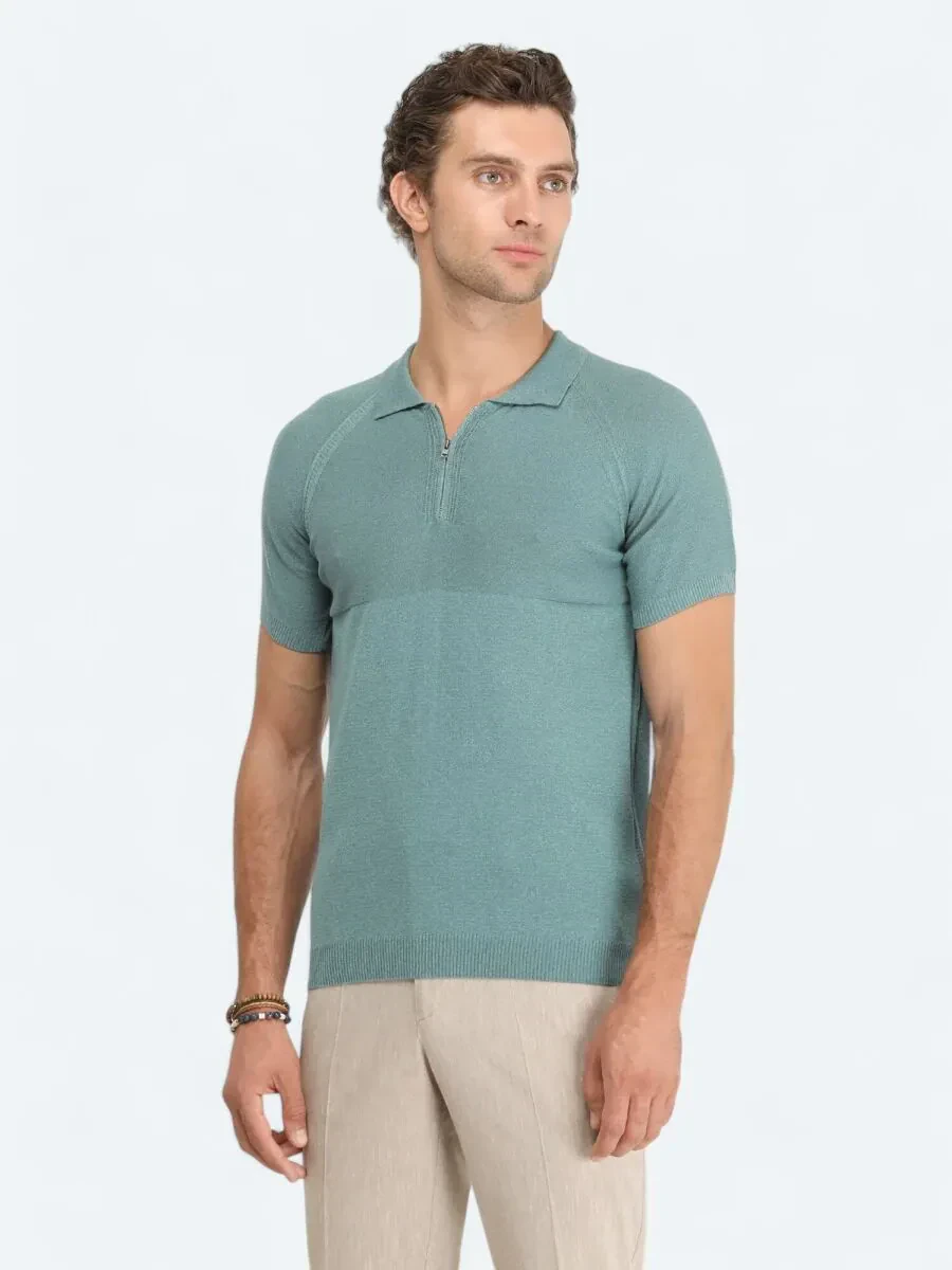Koyu Mint Polo Yaka Jakarlı Triko - 2