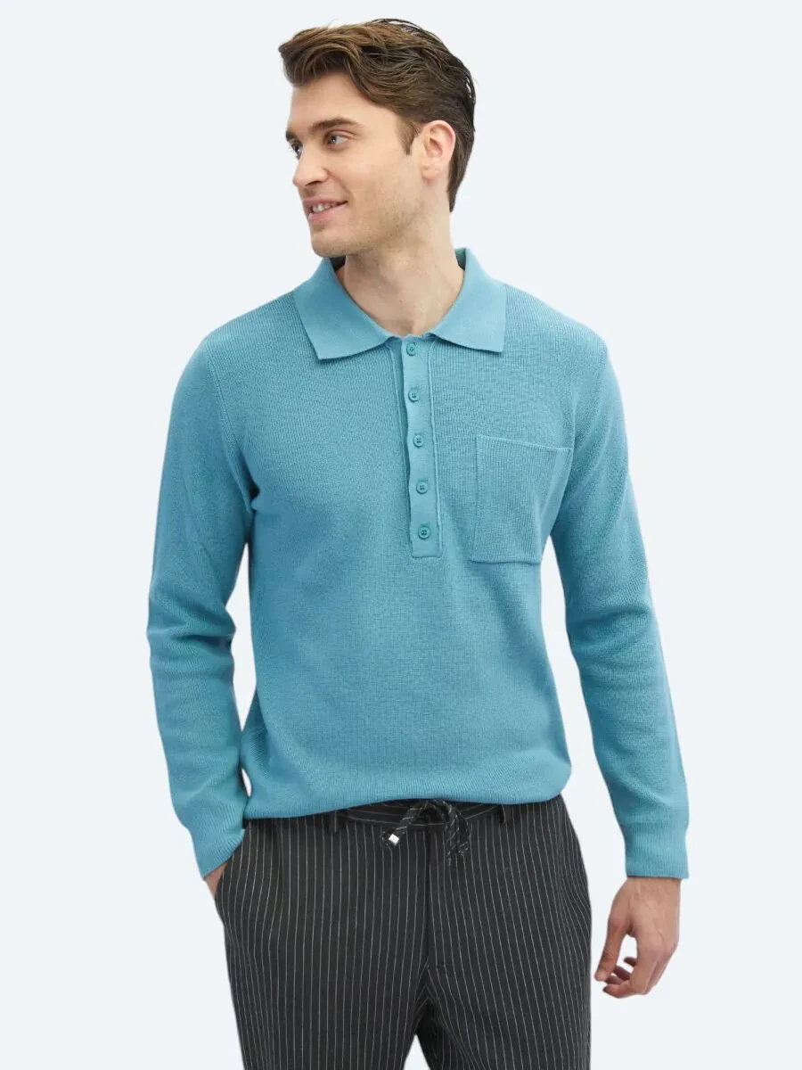 Koyu Mint Polo Yaka Selanik Pamuk Karışımlı Triko Kazak - 3