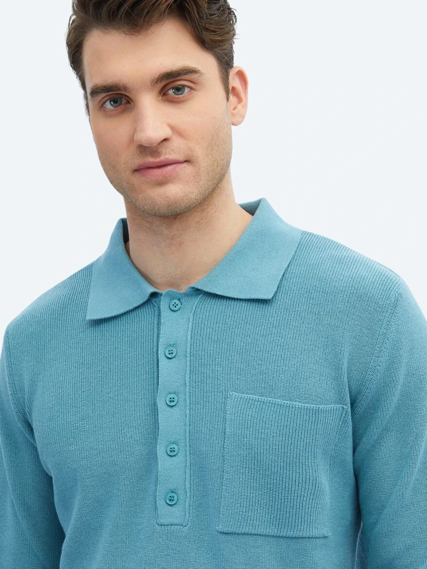 Koyu Mint Polo Yaka Selanik Pamuk Karışımlı Triko Kazak 