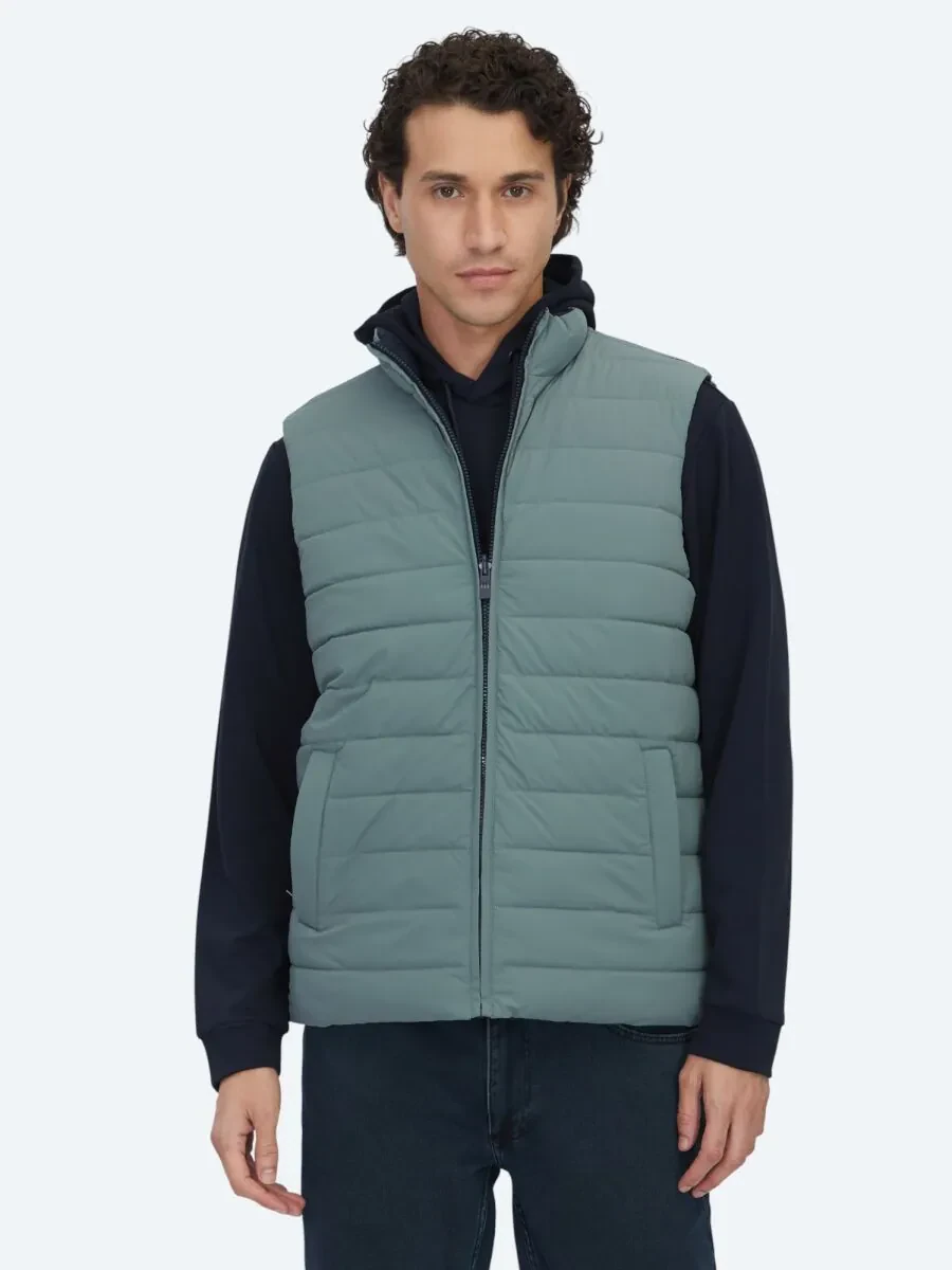Koyu Mint Regular Fit Dik Yaka Casual Dokuma Spor Yelek - 2