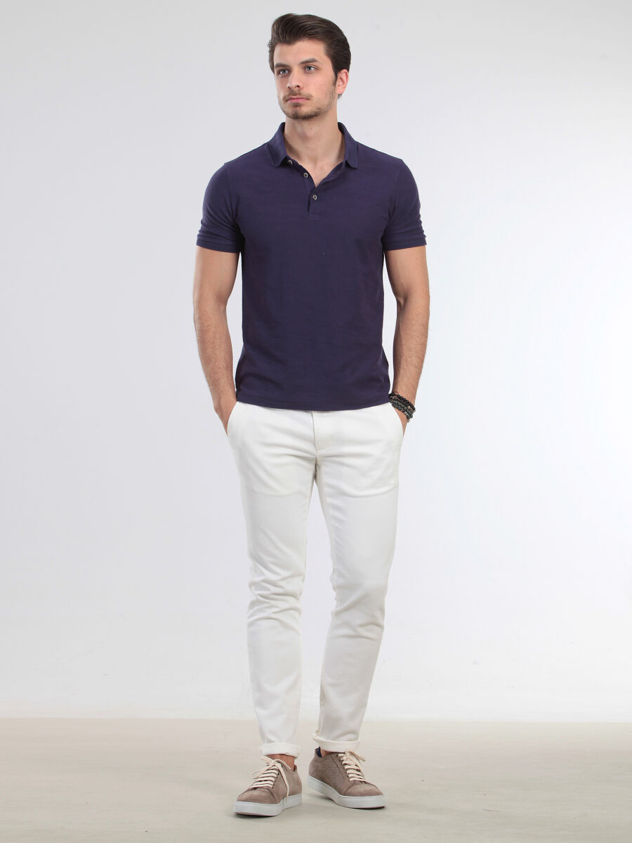 Koyu Mor Jakarlı Polo Yaka %100 Pamuk T-Shirt - 1