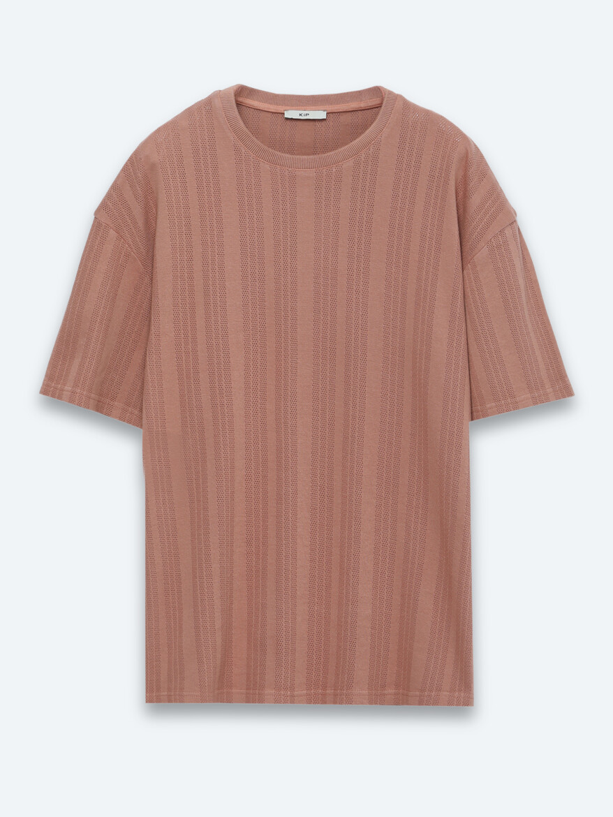 Koyu Somon Çizgili %100 Pamuk T-Shirt - 5