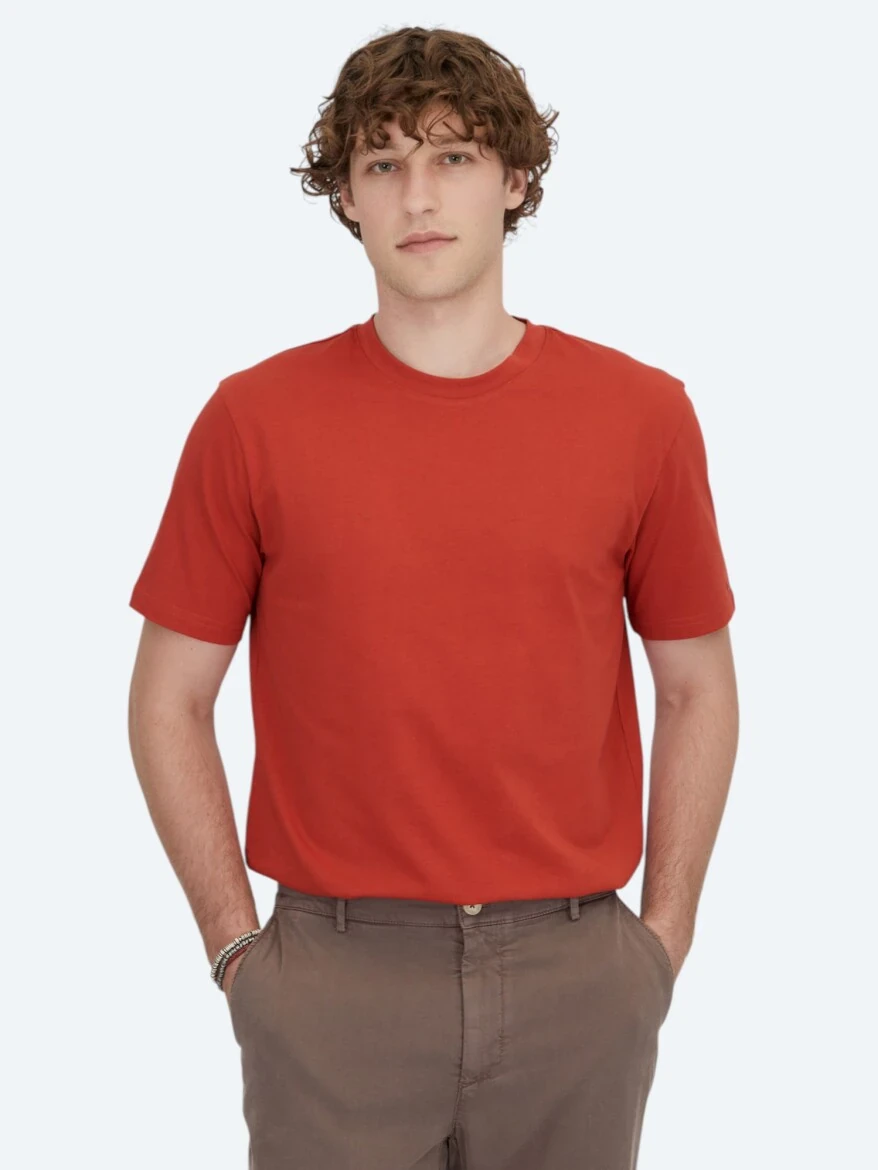 Koyu Turuncu Bisiklet Yaka %100 Pamuk T-Shirt - 1
