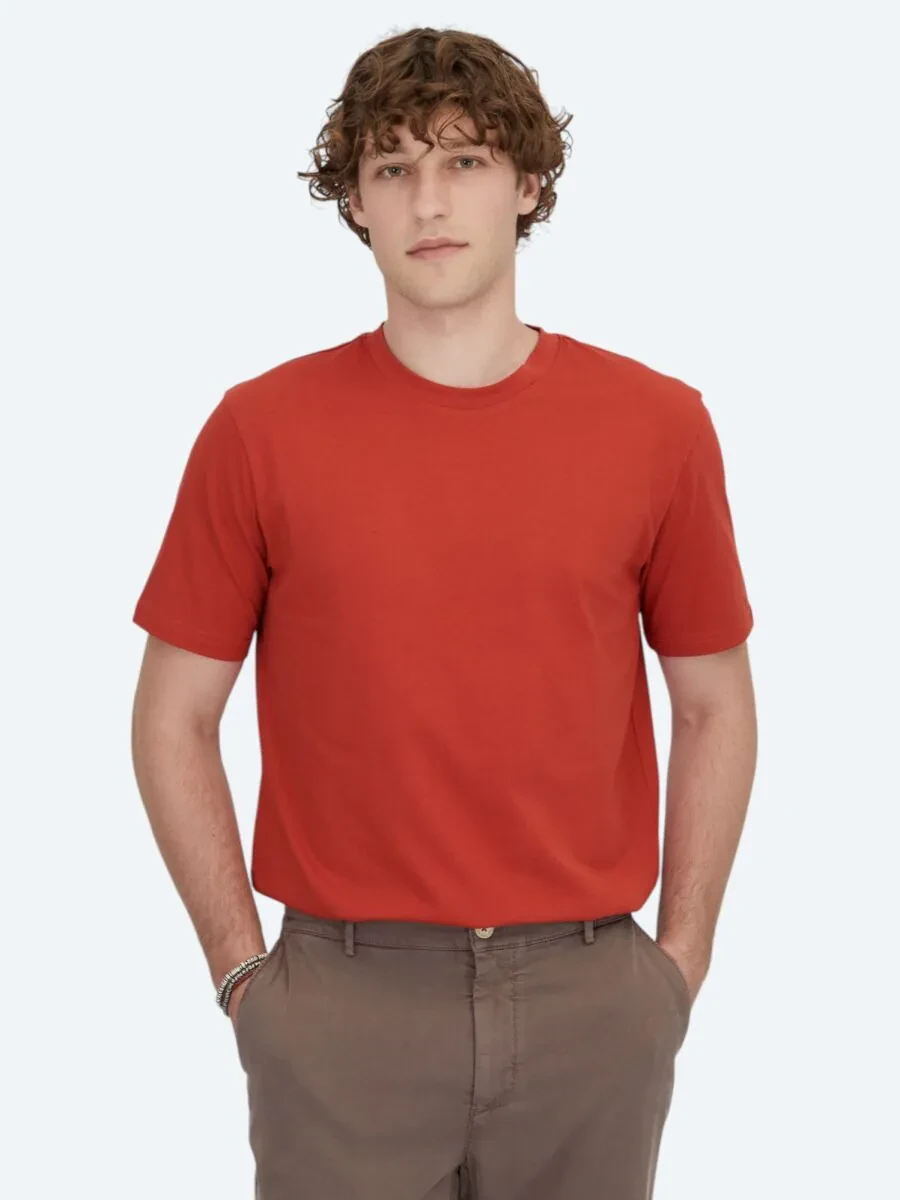 Koyu Turuncu Bisiklet Yaka %100 Pamuk T-Shirt - 1