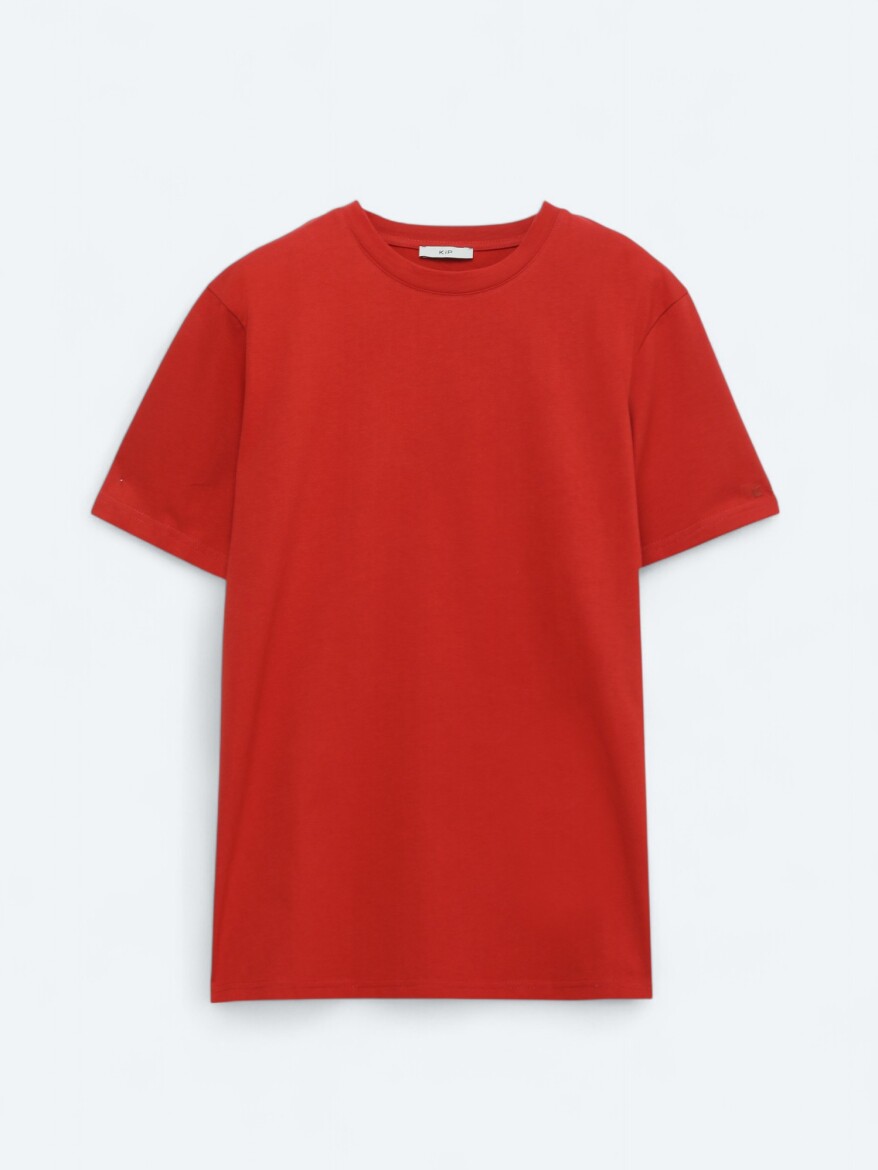 Koyu Turuncu Bisiklet Yaka %100 Pamuk T-Shirt - 5