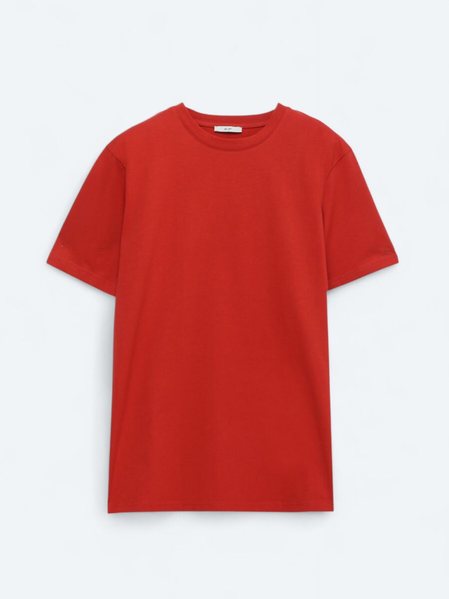 Koyu Turuncu Bisiklet Yaka %100 Pamuk T-Shirt - 5