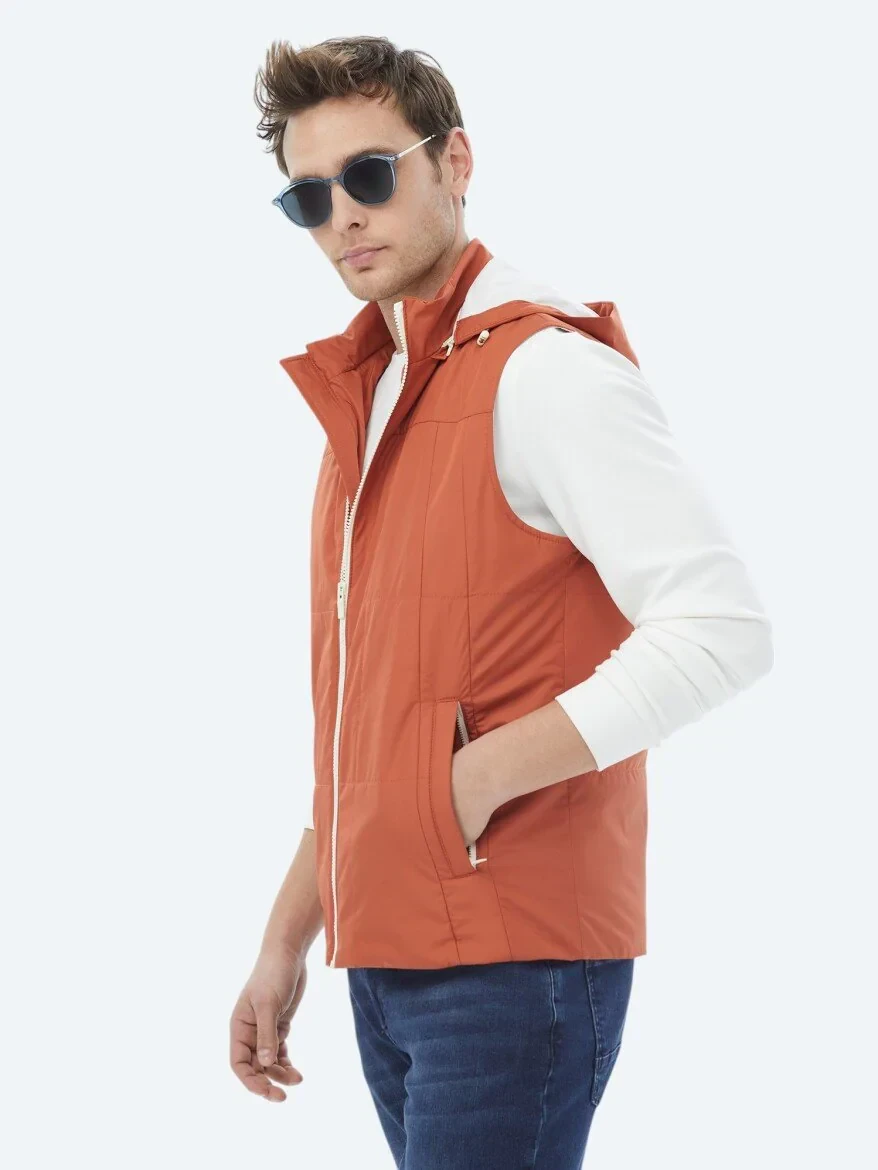 Koyu Turuncu Regular Fit Kapüşonlu Casual Dokuma Spor Yelek - 5