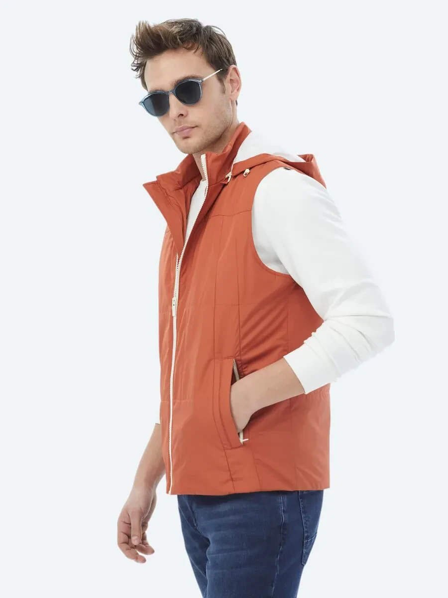 Koyu Turuncu Regular Fit Kapüşonlu Casual Dokuma Spor Yelek - 5