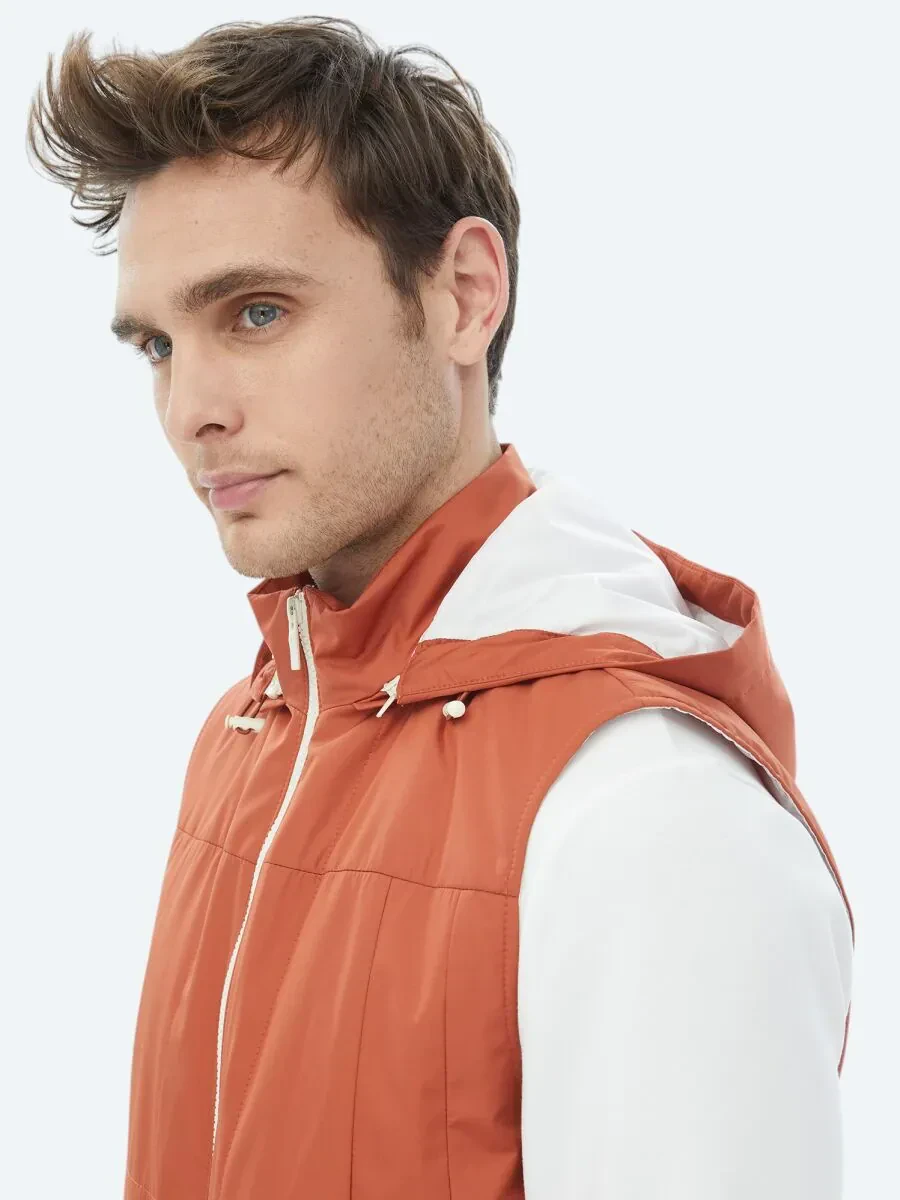 Koyu Turuncu Regular Fit Kapüşonlu Casual Dokuma Spor Yelek - 7
