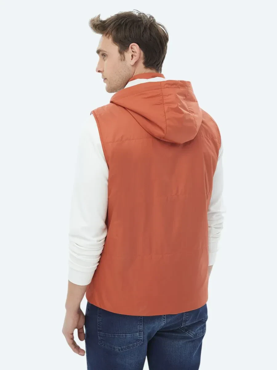 Koyu Turuncu Regular Fit Kapüşonlu Casual Dokuma Spor Yelek - 9