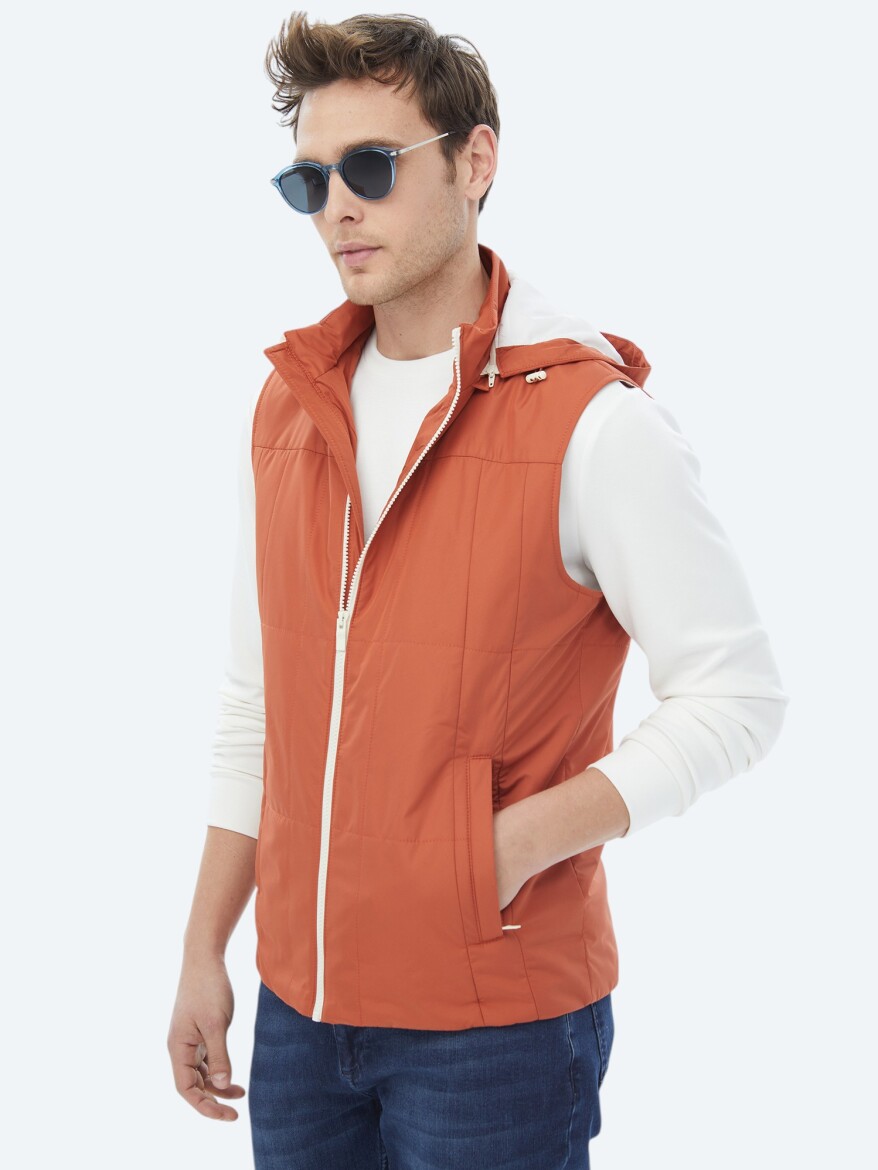 Koyu Turuncu Regular Fit Kapüşonlu Casual Dokuma Spor Yelek - 3