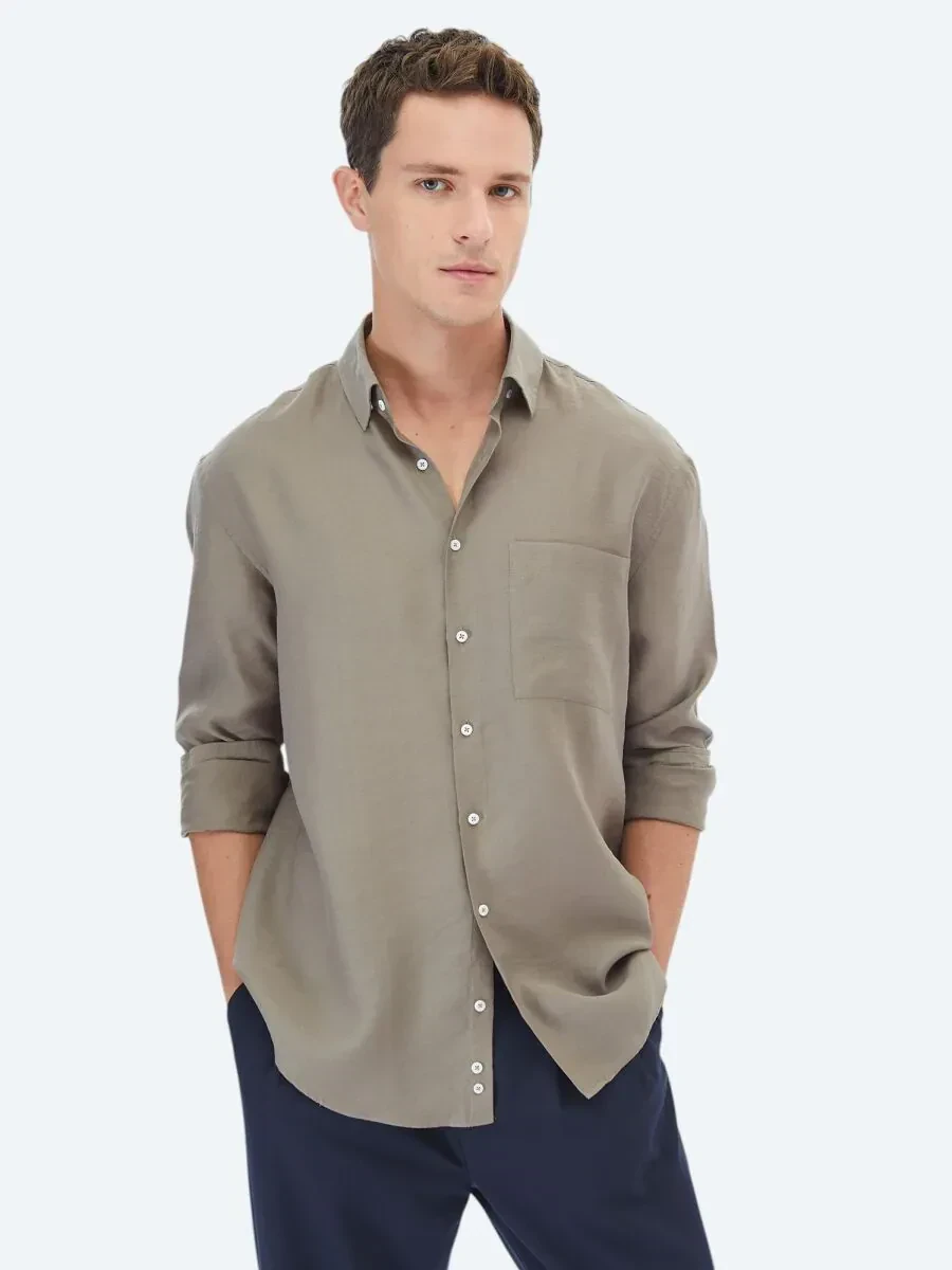Koyu Vizon Düz Oversize Fit Dokuma Casual Gömlek - 1