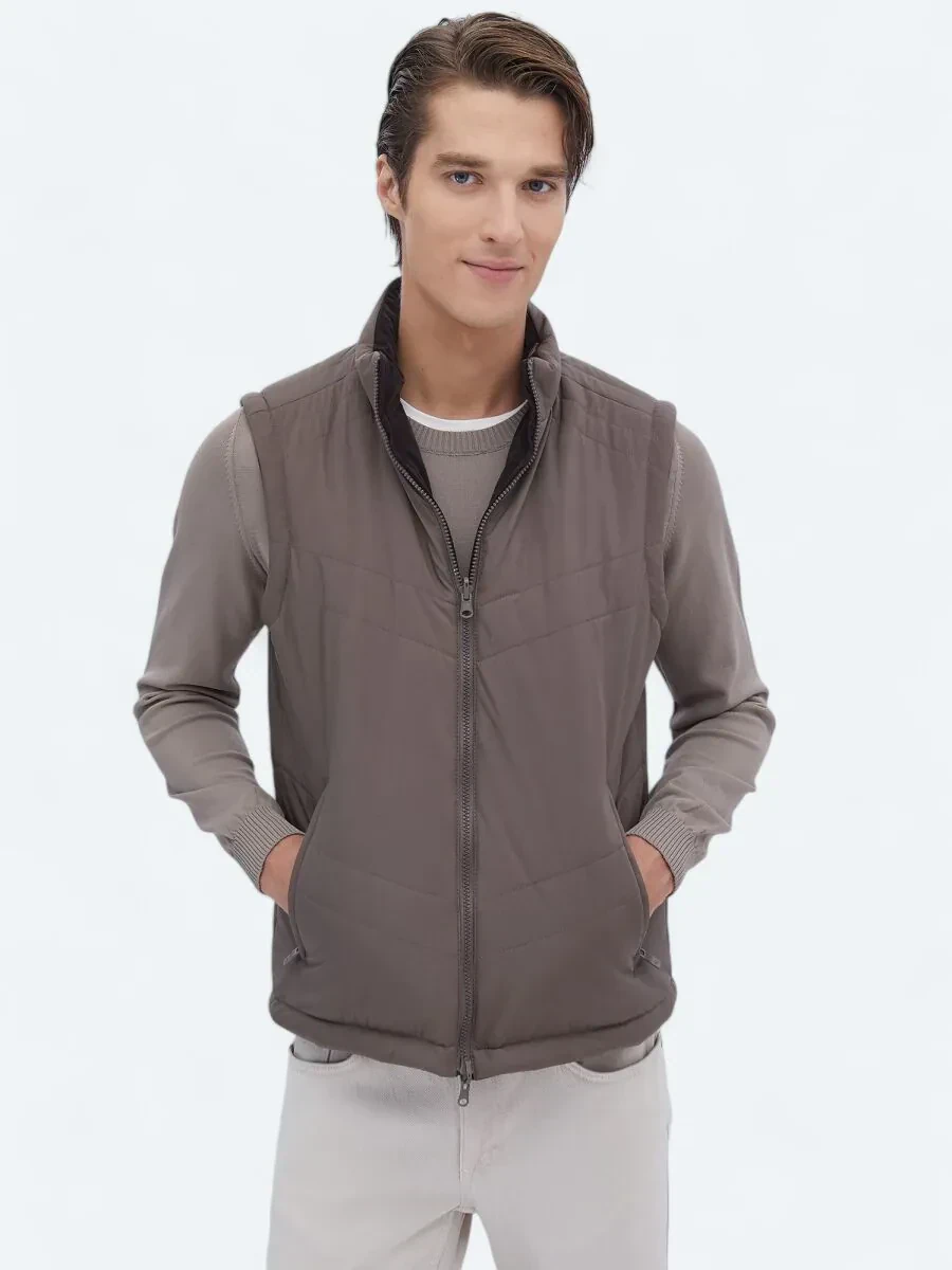 Koyu Vizon Regular Fit Gizli Kapüşon Casual Dokuma Spor Yelek - 5