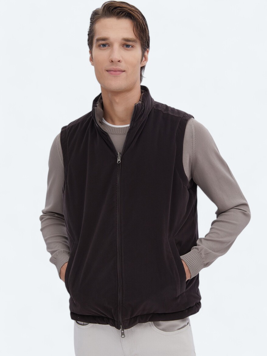 Koyu Vizon Regular Fit Gizli Kapüşon Casual Dokuma Spor Yelek - KİP