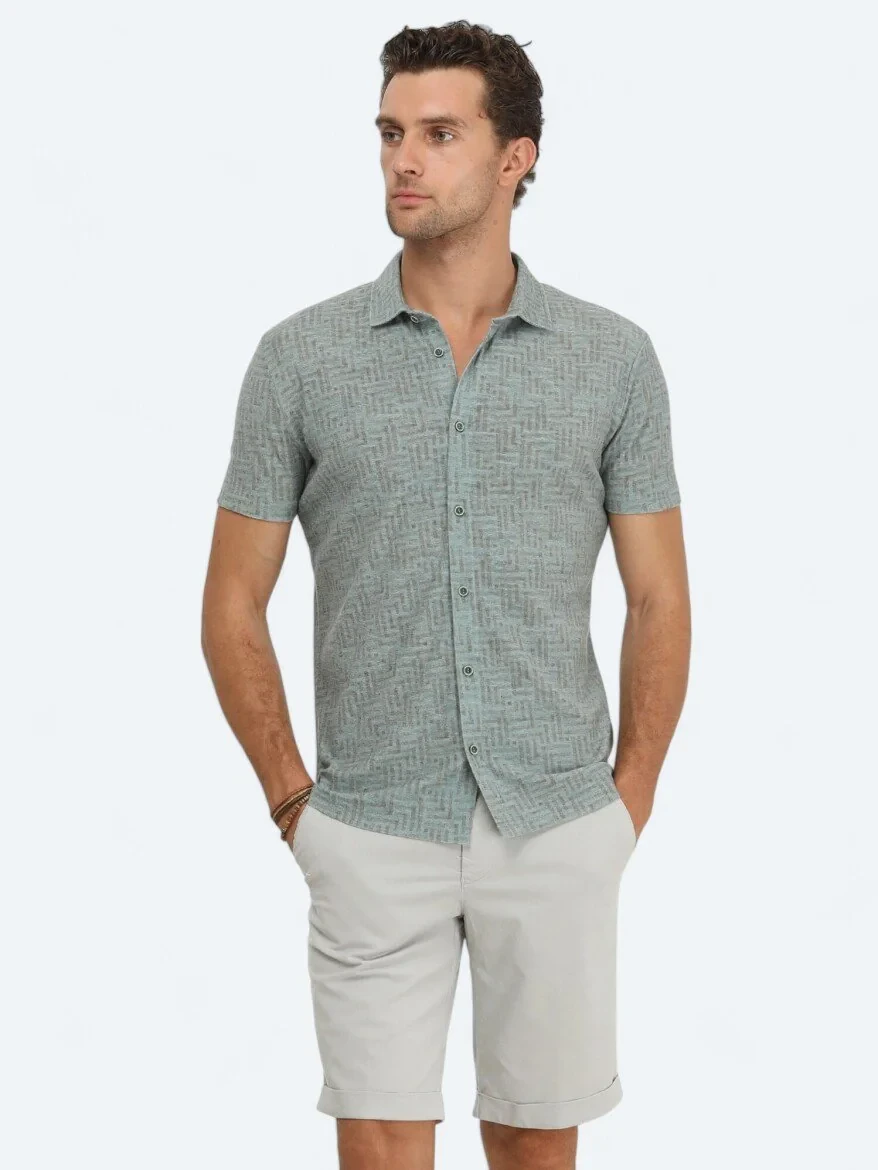 Koyu Yeşil Baskılı Regular Fit Casual Keten Karışımlı Gömlek - 1