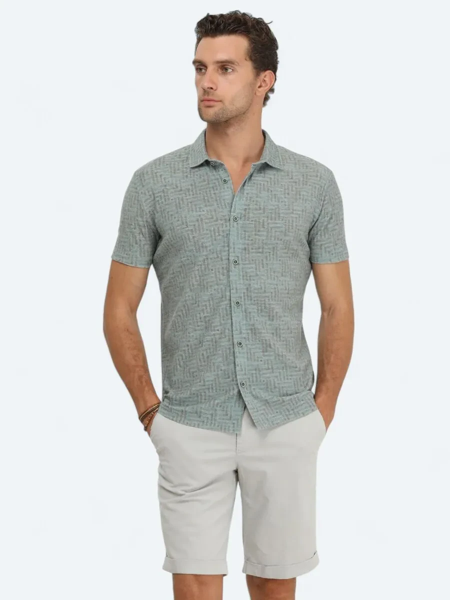 Koyu Yeşil Baskılı Regular Fit Casual Keten Karışımlı Gömlek - 1