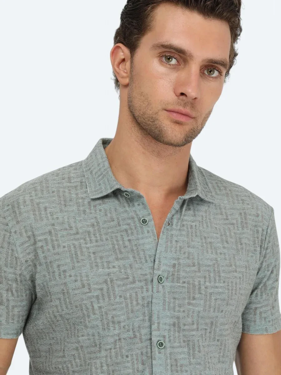 Koyu Yeşil Baskılı Regular Fit Casual Keten Karışımlı Gömlek - 3