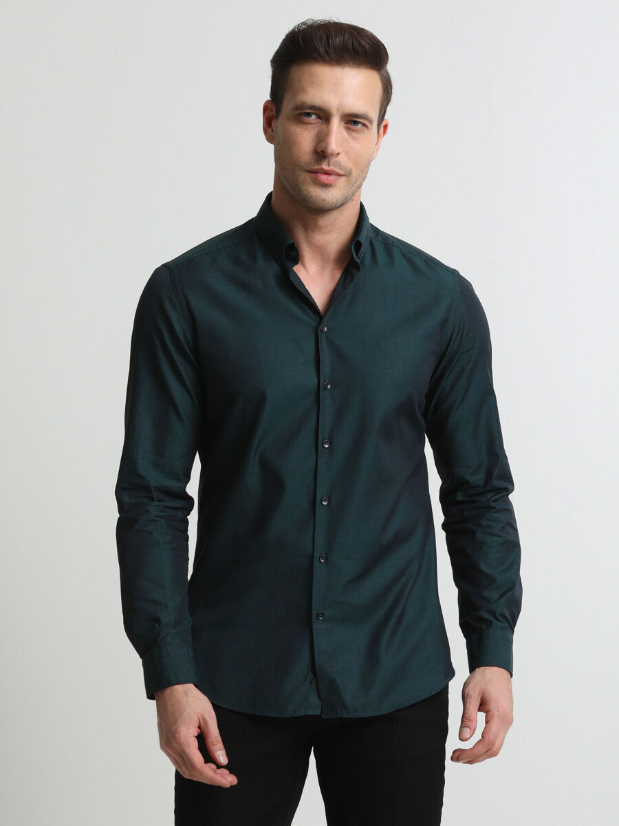 Koyu Yeşil Çizgili Slim Fit Uzun Dokuma Casual %100 Pamuk Gömlek - 2