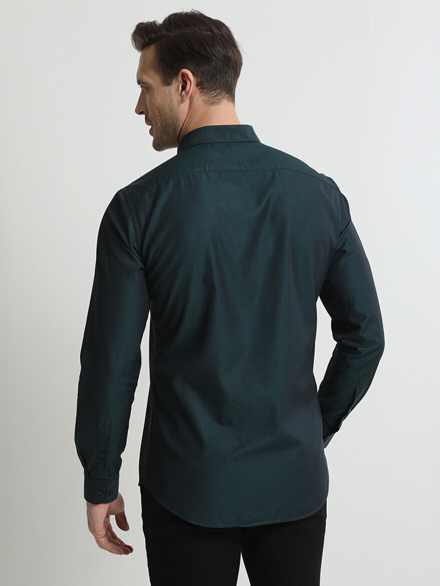 Koyu Yeşil Çizgili Slim Fit Uzun Dokuma Casual %100 Pamuk Gömlek - 3