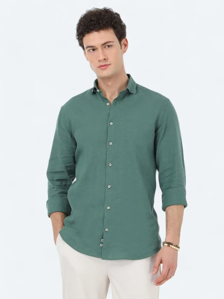 Koyu Yeşil Düz Regular Fit Dokuma Casual Pamuk Karışımlı Gömlek - 1