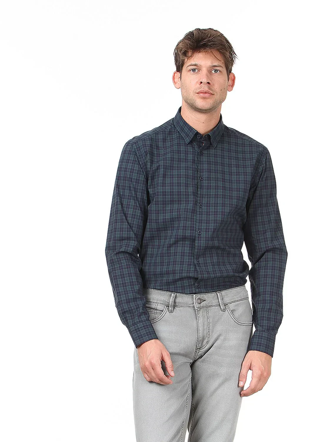 Koyu Yeşil Kareli Regular Fit Dokuma Casual %100 Pamuk Gömlek - 1