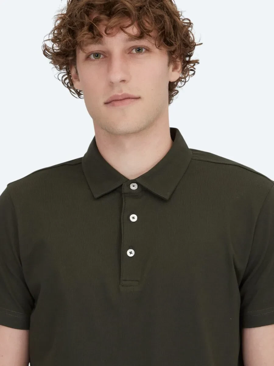 Koyu Yeşil Polo Yaka Pamuk Karışımlı T-Shirt - 3