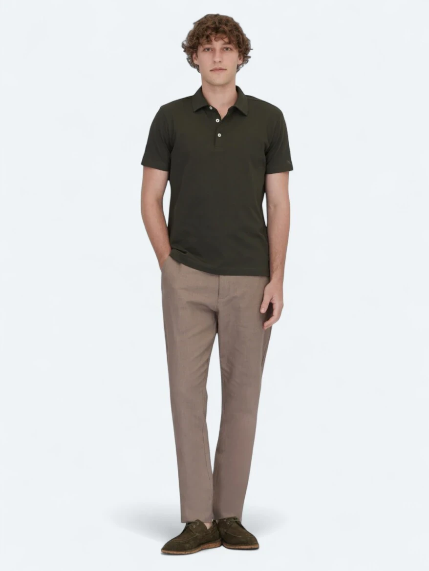 Koyu Yeşil Polo Yaka Pamuk Karışımlı T-Shirt - 2