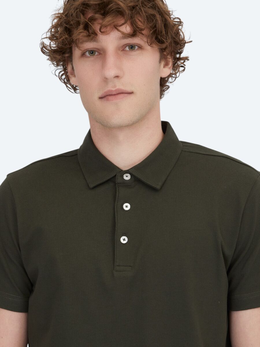 Koyu Yeşil Polo Yaka Pamuk Karışımlı T-Shirt - 3