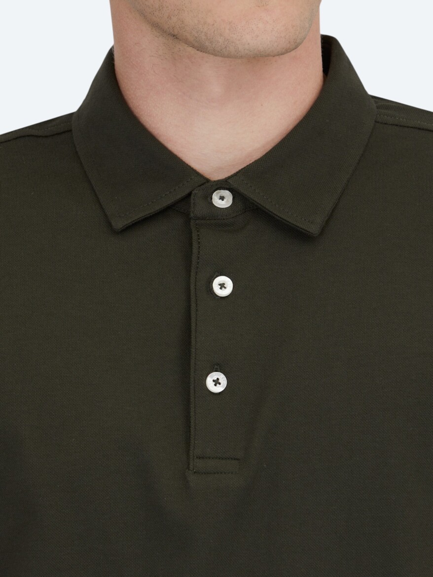 Koyu Yeşil Polo Yaka Pamuk Karışımlı T-Shirt - 4