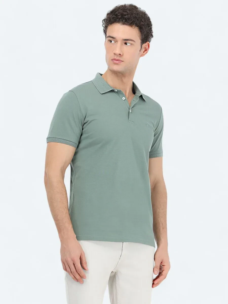Küf Yeşili Düz Polo Yaka %100 Pamuk T-Shirt - 2
