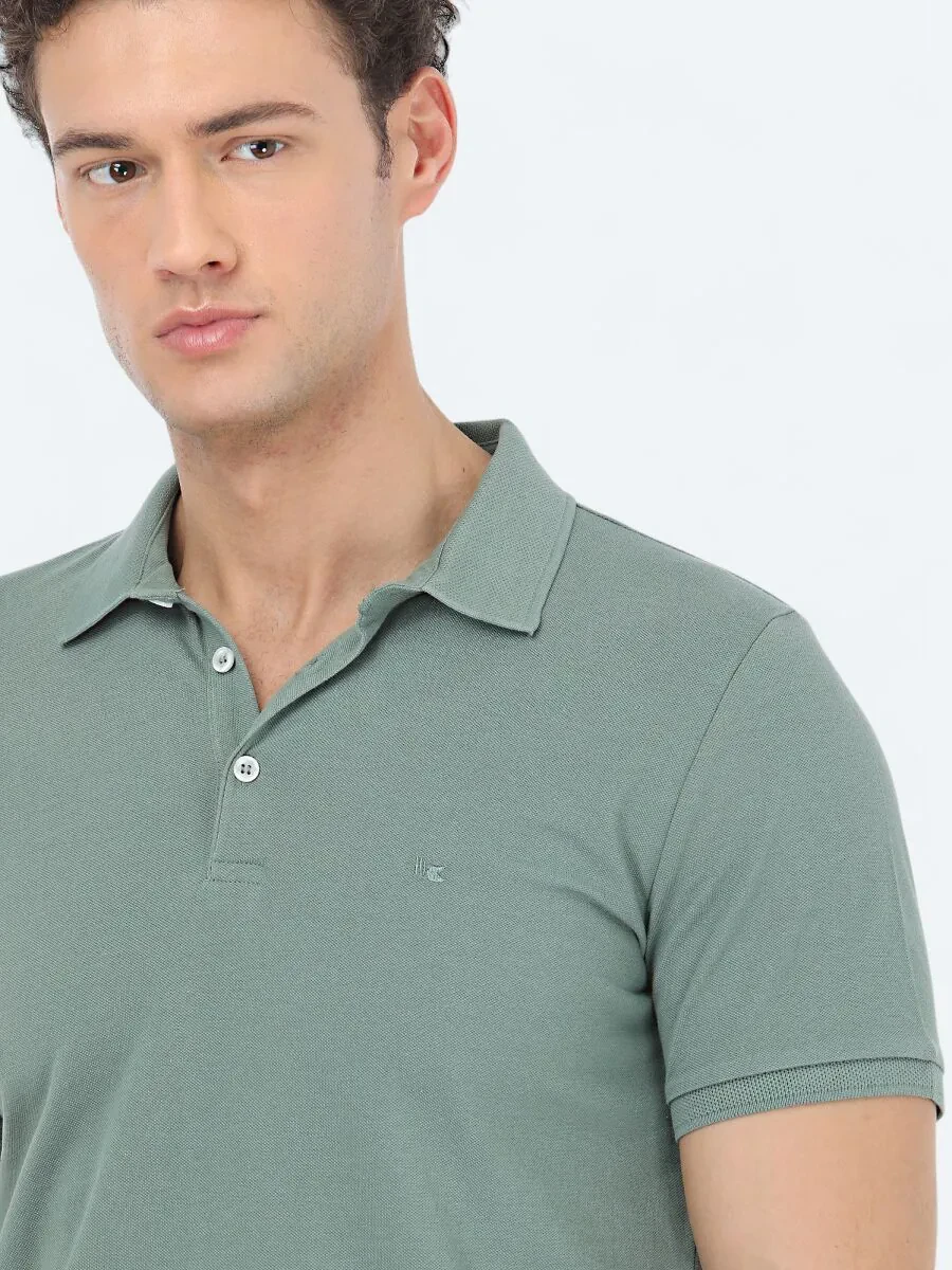 Küf Yeşili Düz Polo Yaka %100 Pamuk T-Shirt - 3