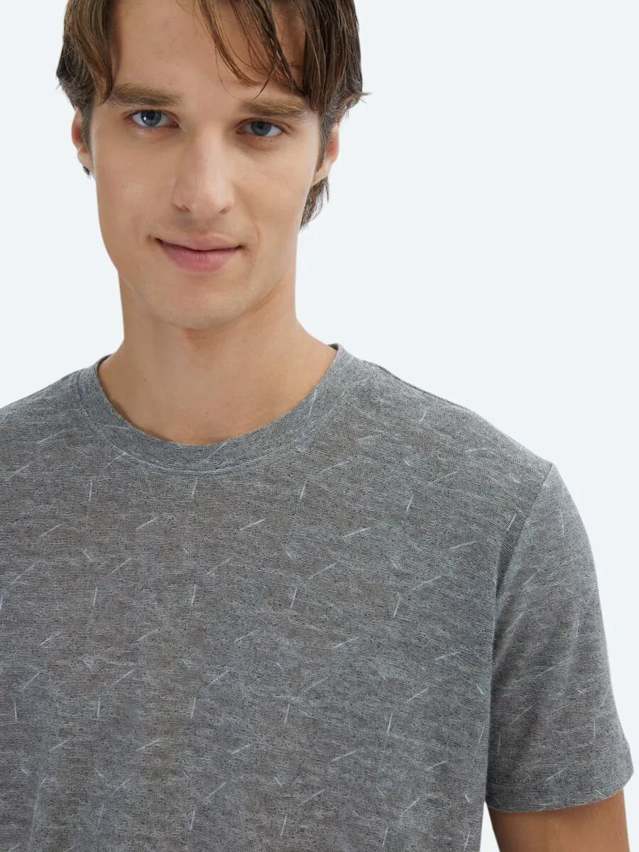 Lacivert Baskılı Bisiklet Yaka Pamuk Karışımlı T-Shirt - 3