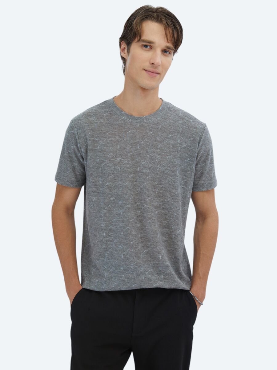 Lacivert Baskılı Bisiklet Yaka Pamuk Karışımlı T-Shirt - 1