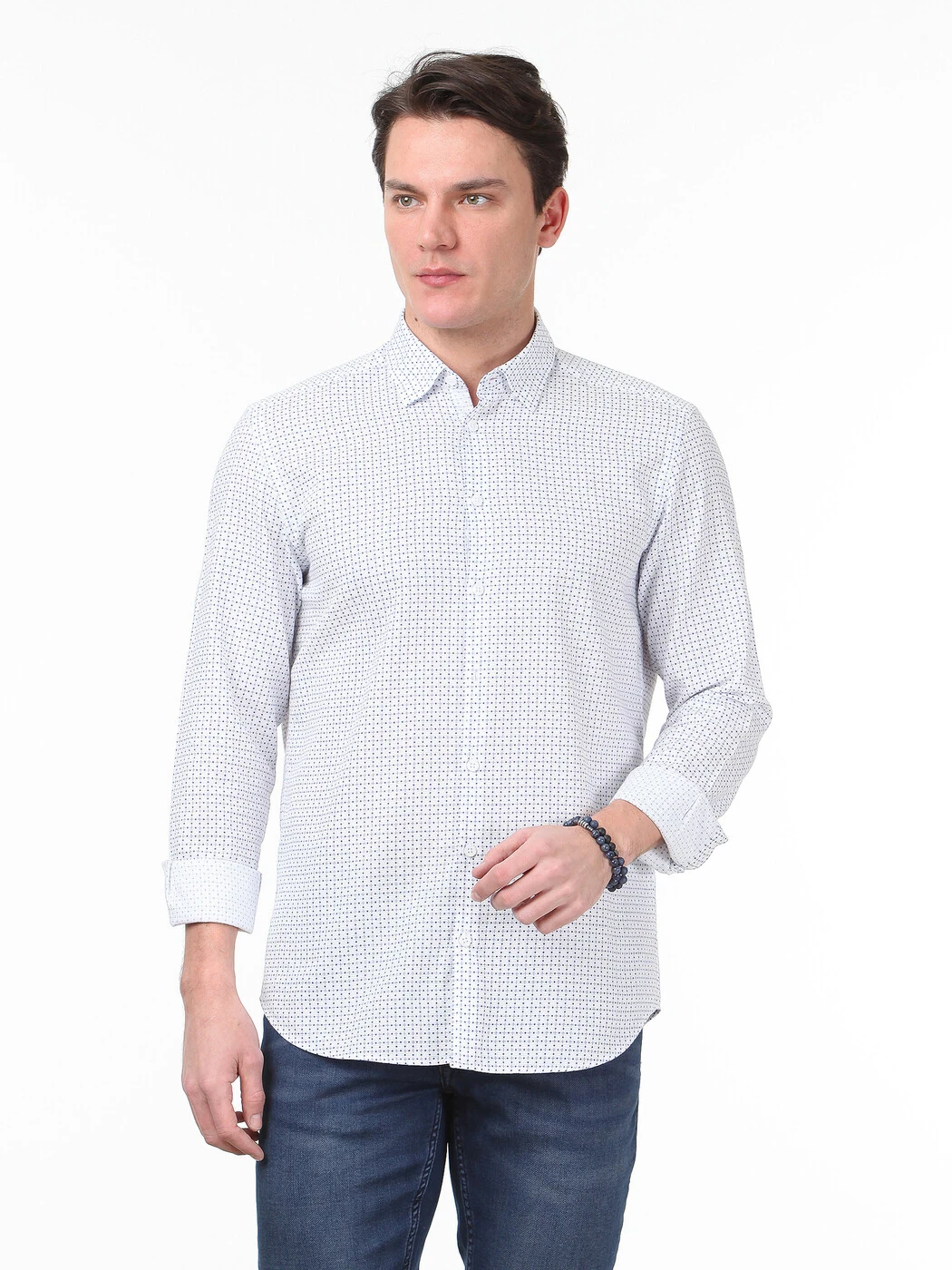 Lacivert Baskılı Regular Fit Dokuma Casual %100 Pamuk Gömlek - 1