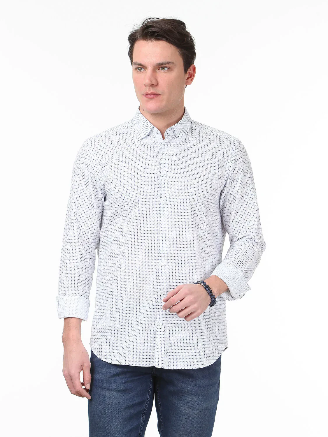 Lacivert Baskılı Regular Fit Dokuma Casual %100 Pamuk Gömlek - 1