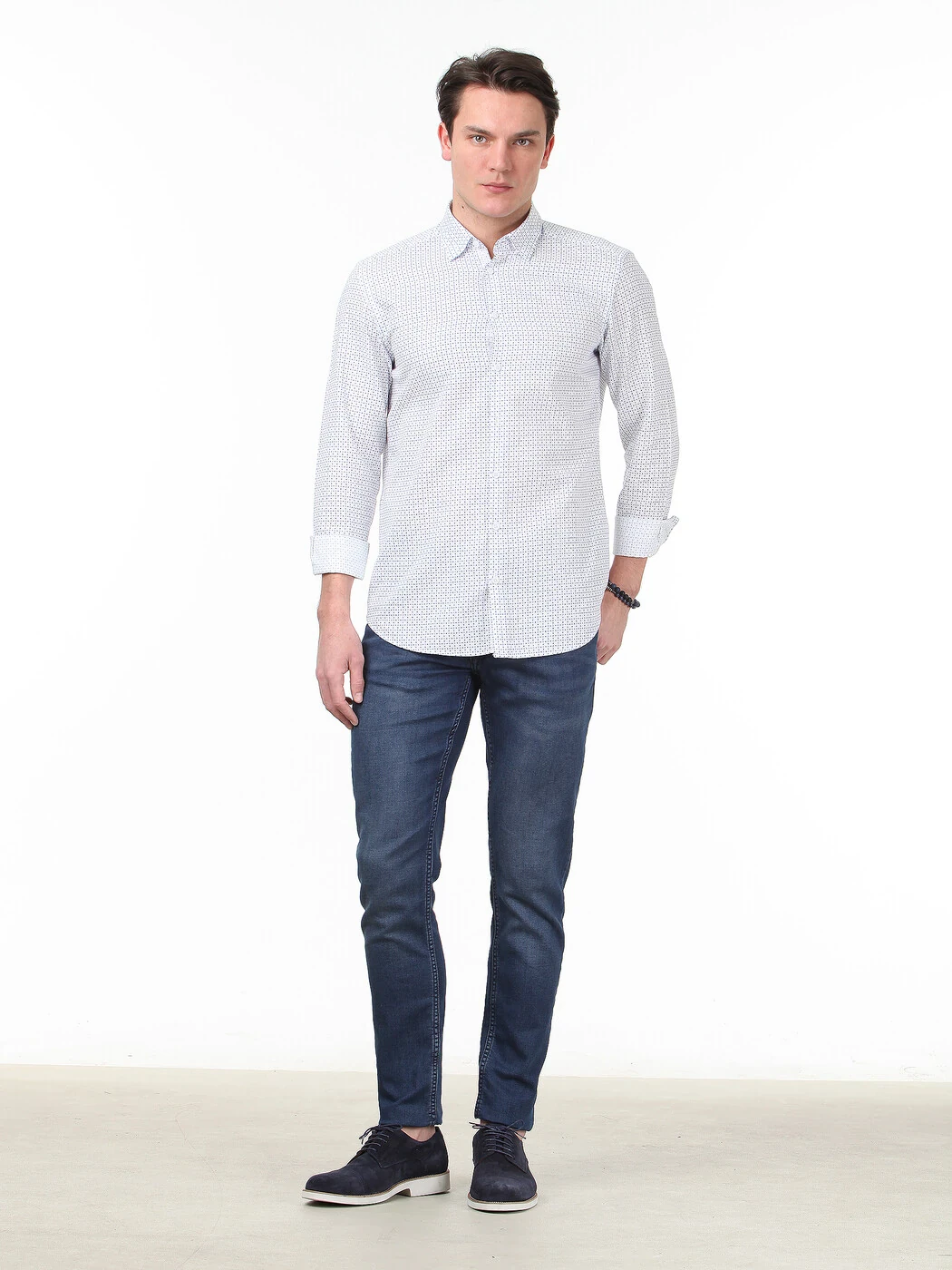 Lacivert Baskılı Regular Fit Dokuma Casual %100 Pamuk Gömlek - 2