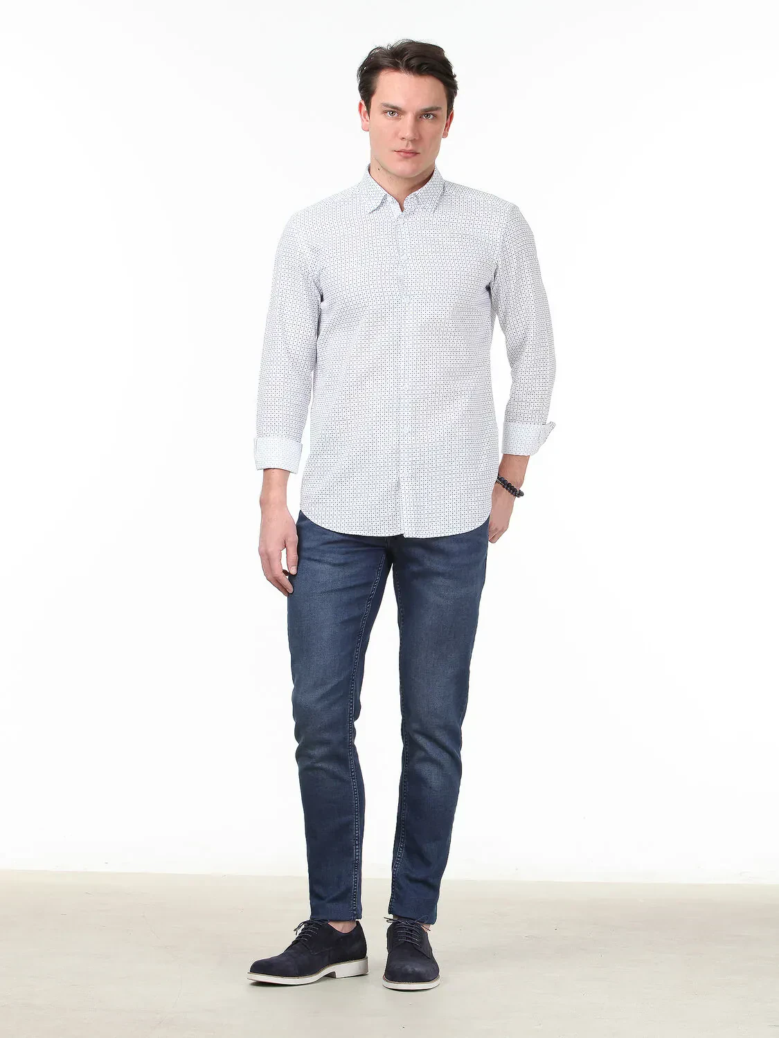 Lacivert Baskılı Regular Fit Dokuma Casual %100 Pamuk Gömlek - 2