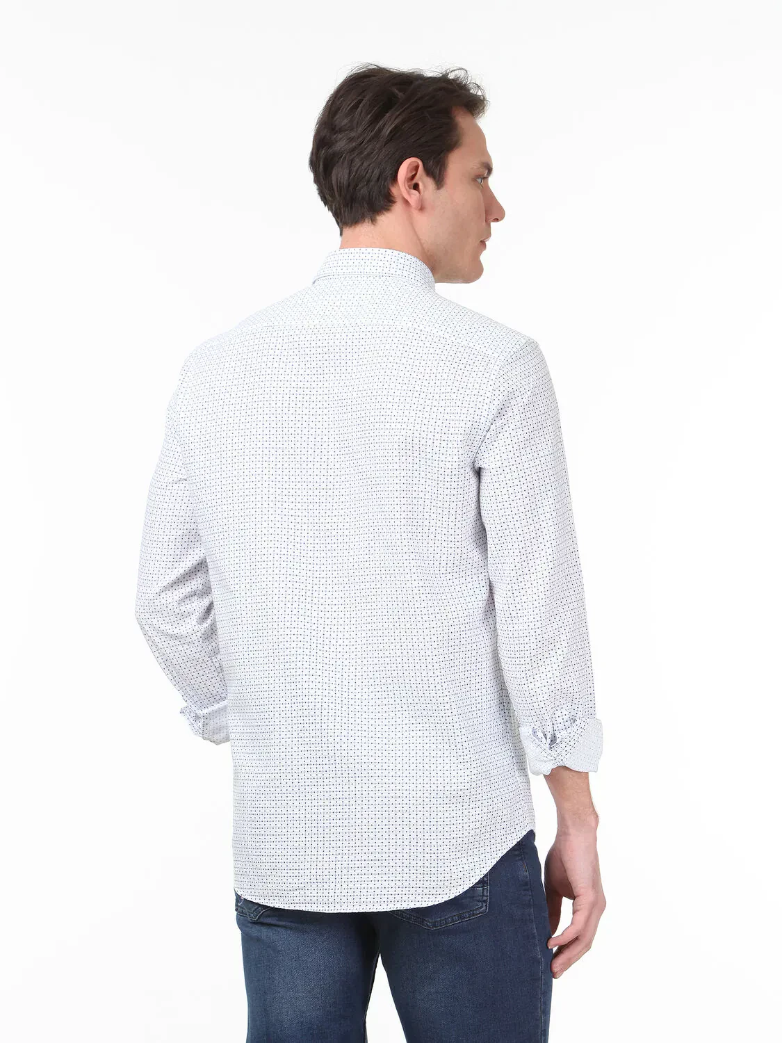 Lacivert Baskılı Regular Fit Dokuma Casual %100 Pamuk Gömlek - 4