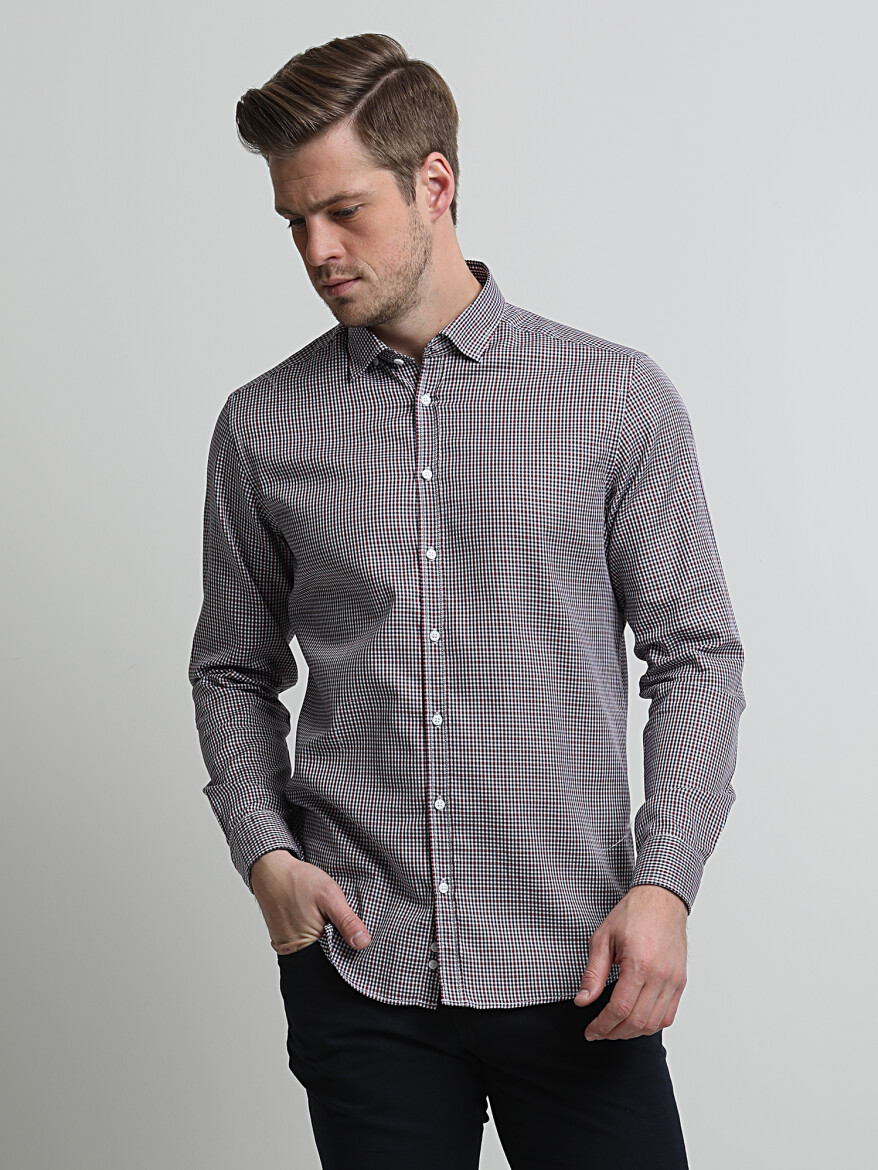 Lacivert Baskılı Regular Fit Uzun Dokuma Casual %100 Pamuk Gömlek - 1
