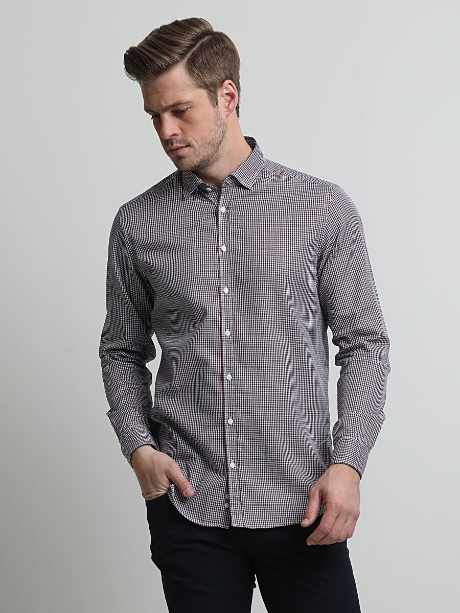 Lacivert Baskılı Regular Fit Uzun Dokuma Casual %100 Pamuk Gömlek - 1