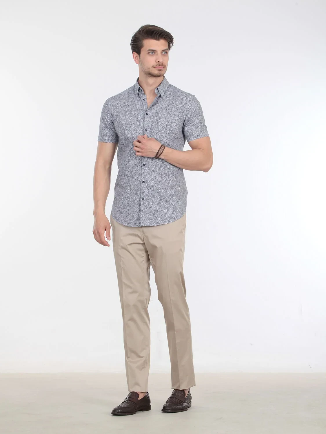 Lacivert Baskılı Slim Fit Dokuma Casual %100 Pamuk Gömlek - 1