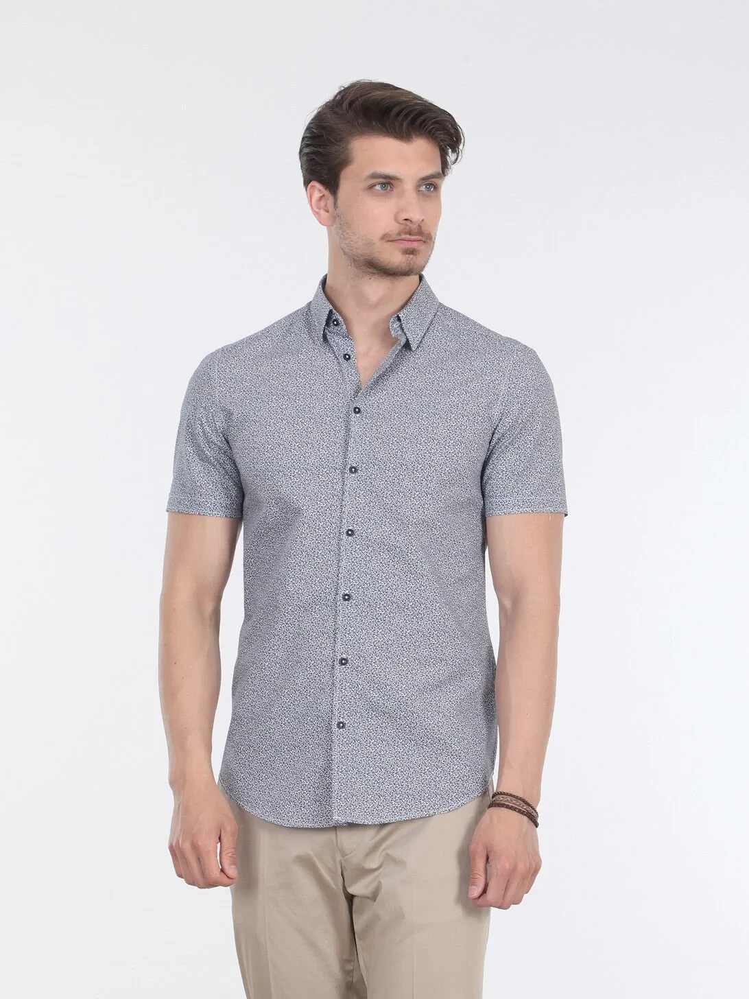 Lacivert Baskılı Slim Fit Dokuma Casual %100 Pamuk Gömlek - 2