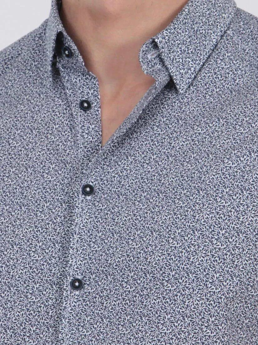 Lacivert Baskılı Slim Fit Dokuma Casual %100 Pamuk Gömlek - 3
