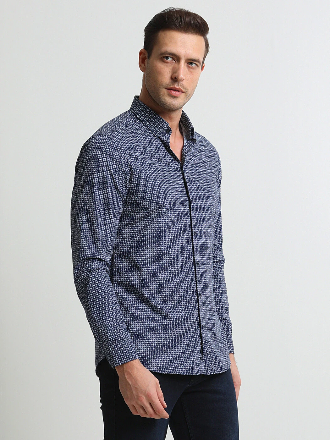 Lacivert Baskılı Slim Fit Dokuma Casual %100 Pamuk Gömlek - 1