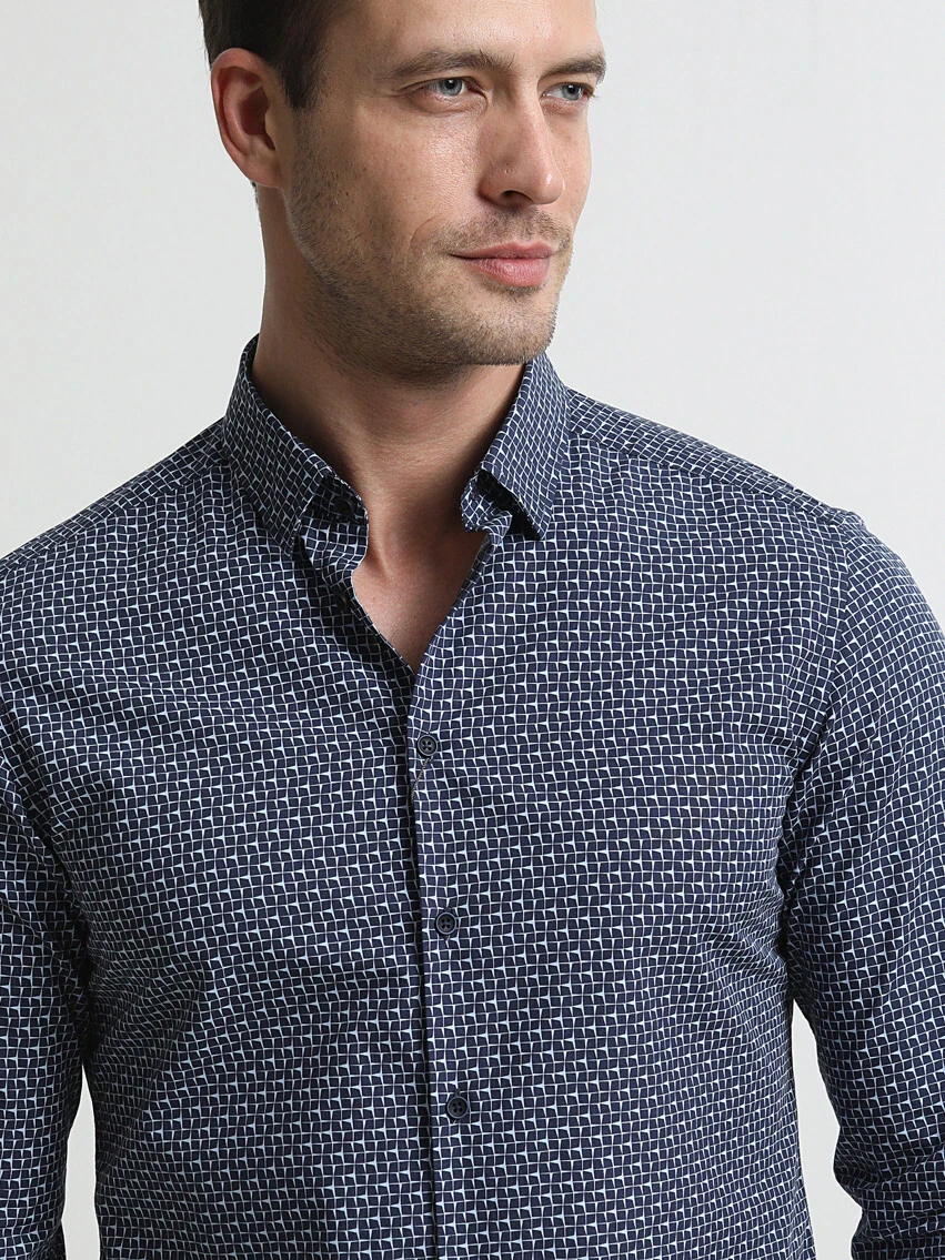 Lacivert Baskılı Slim Fit Dokuma Casual %100 Pamuk Gömlek - 2