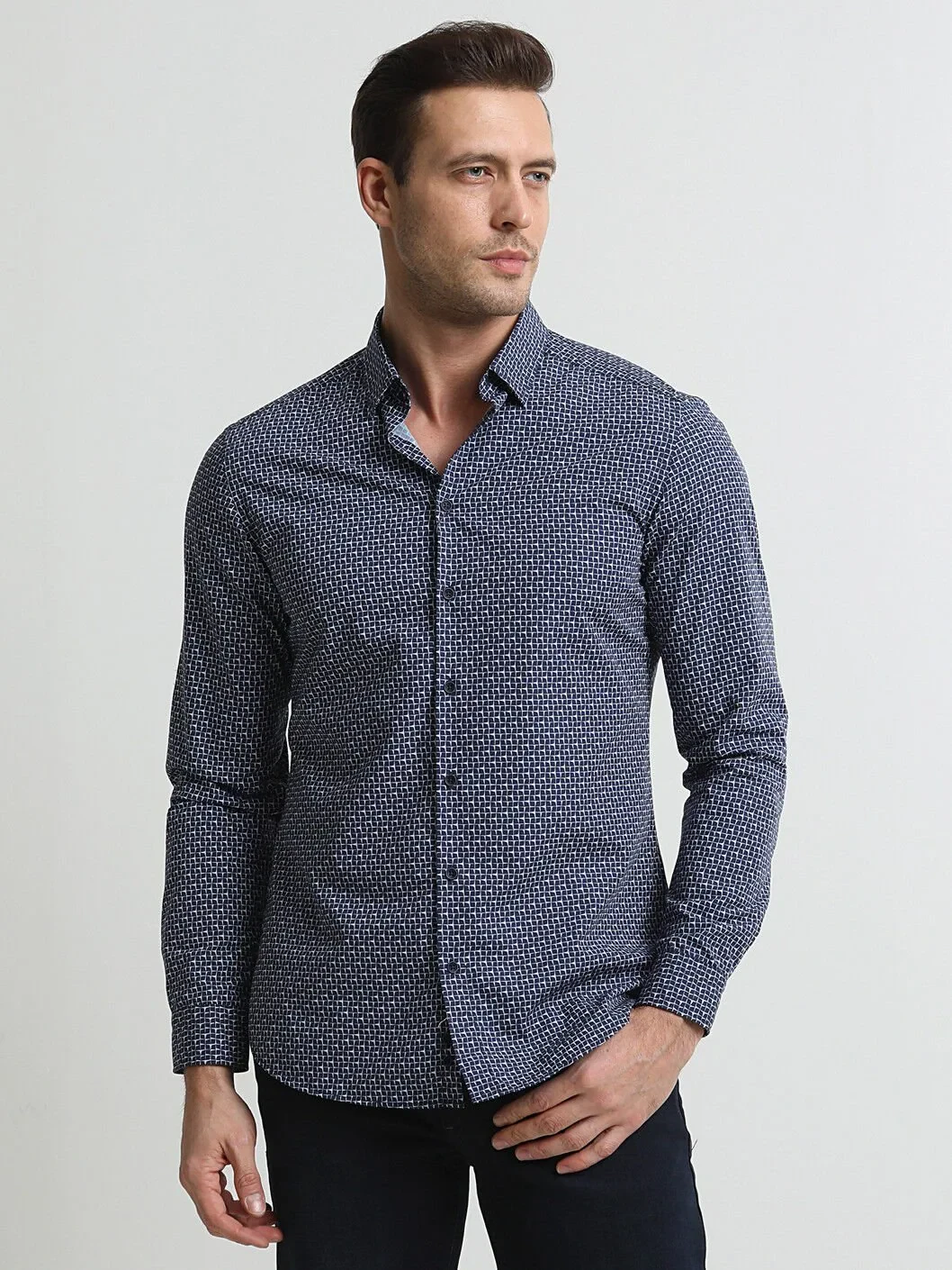 Lacivert Baskılı Slim Fit Dokuma Casual %100 Pamuk Gömlek - 3