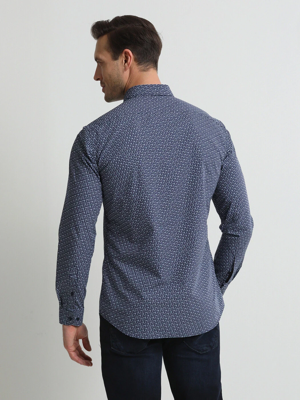 Lacivert Baskılı Slim Fit Dokuma Casual %100 Pamuk Gömlek - 4