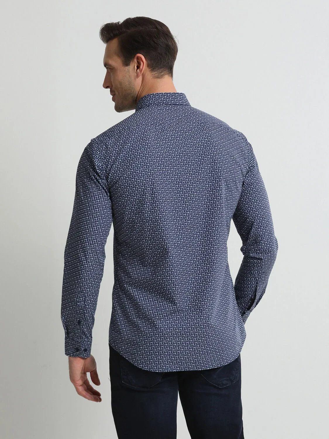 Lacivert Baskılı Slim Fit Dokuma Casual %100 Pamuk Gömlek - 4